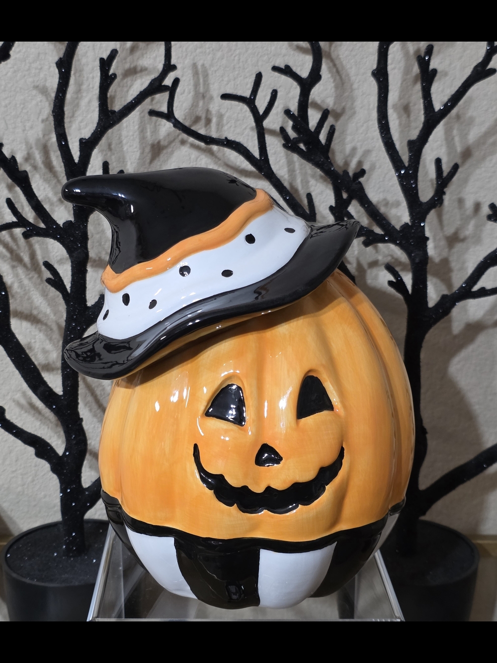 Halloween Ceramic Jack-O'-Lantern Figurine with Witch Hat - Orange & Black